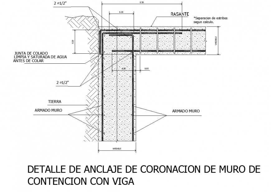 Retaining anchor detail of retaining wall with beam drawing in dwg AutoCAD file.