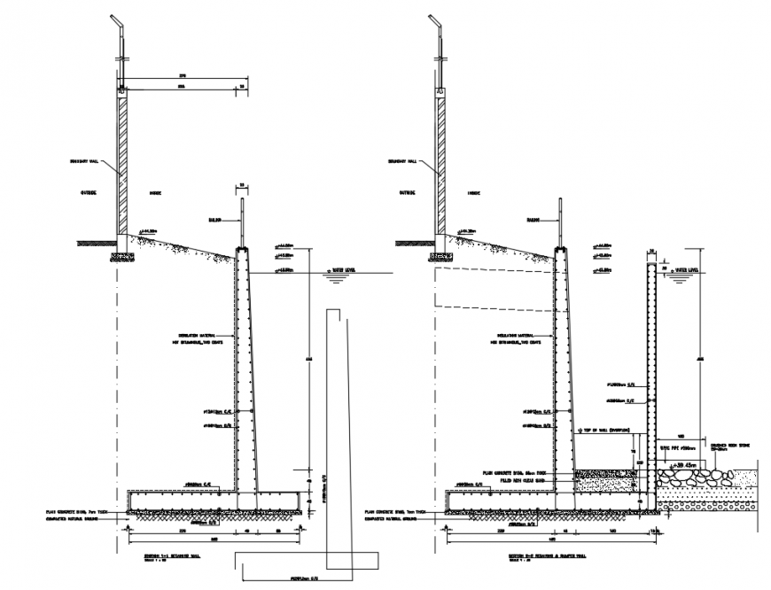 Retaining and bumper wall section and constructive details dwg file