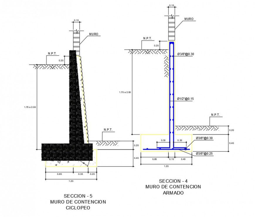 Retaining wall and foundation section plan dwg file