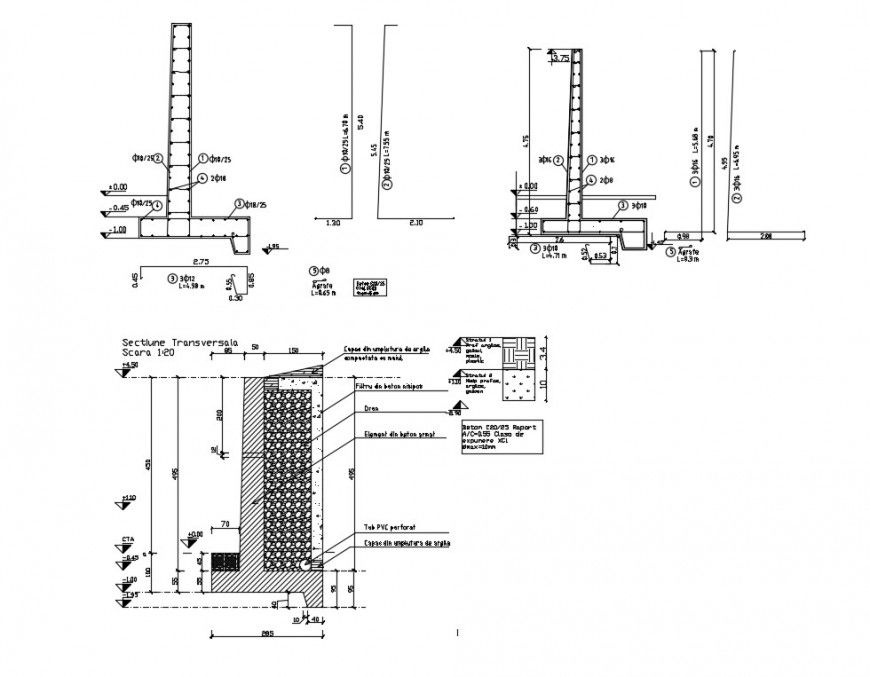 Retaining wall construction cad drawing details dwg file