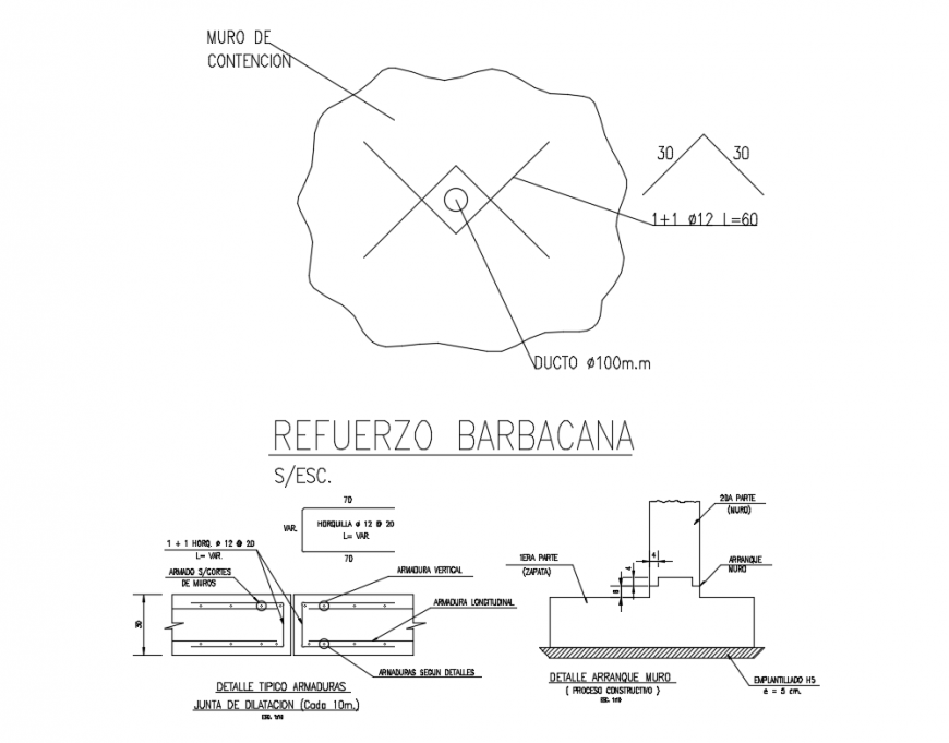 Retaining wall constructive details of building dwg file