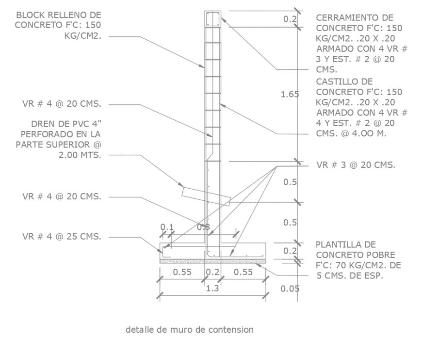 Retaining wall detail drawing in dwg AutoCAD file.