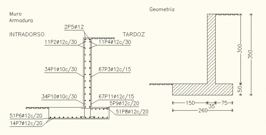 Retaining wall detail elevation and plan dwg file