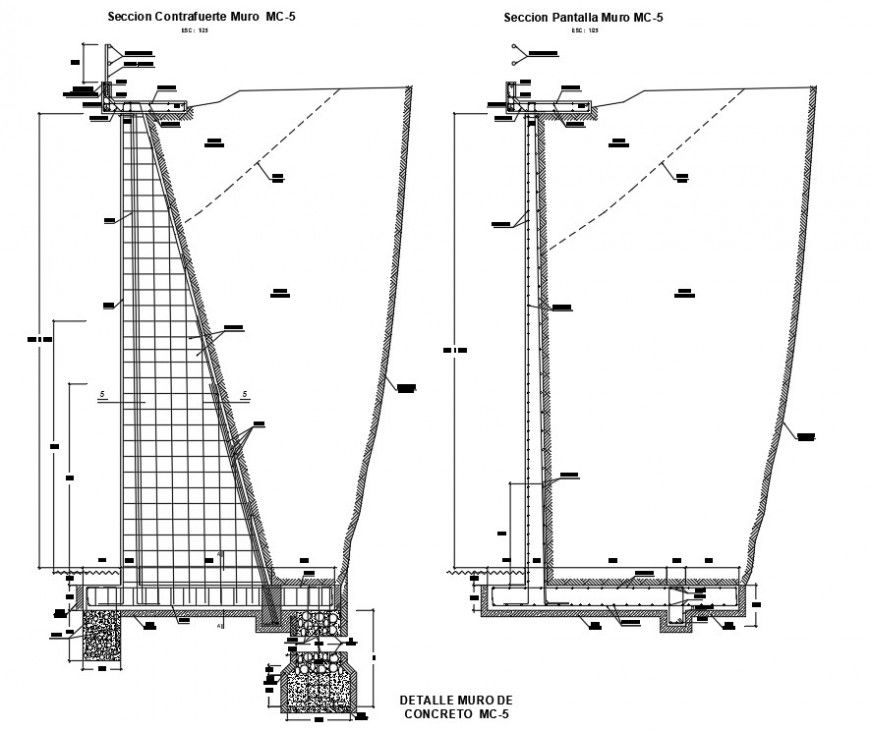 Retaining wall detail elevation and section dwg file