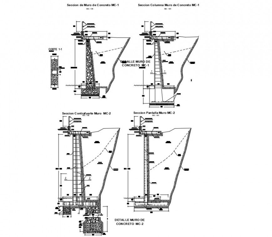 Retaining wall detail reinforcement elevation and plan dwg file