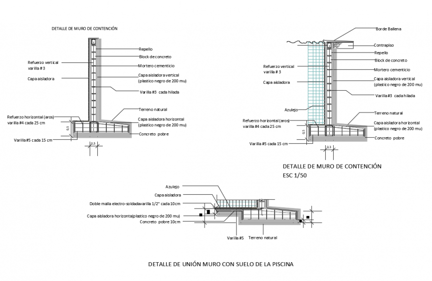 Retaining wall in pool constructive structure cad drawing details dwg file