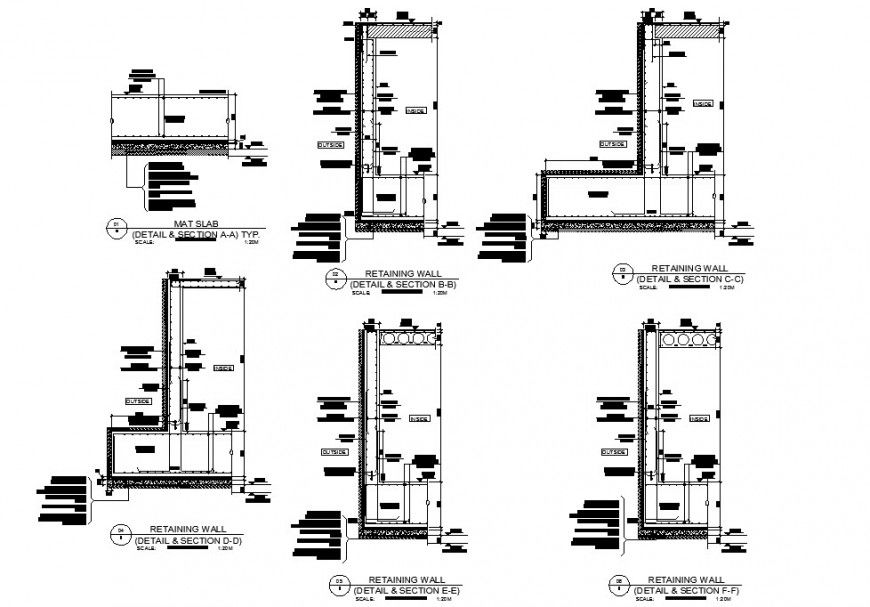 Retaining wall section, plan and construction cad drawing details dwg file