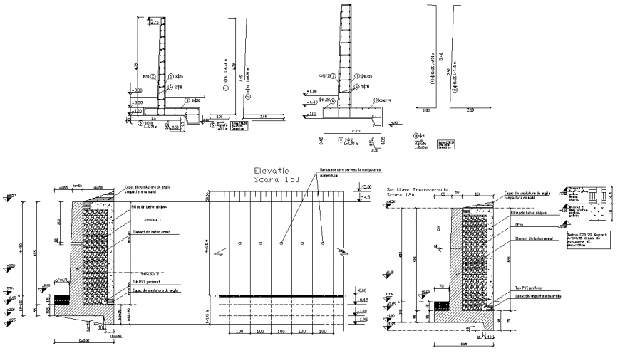 Retaining wall structure detail elevation 2d view layout Autocad file