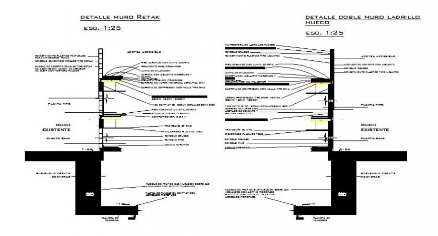 Retake wall and double hollow brick wall constructive structure cad drawing details dwg file