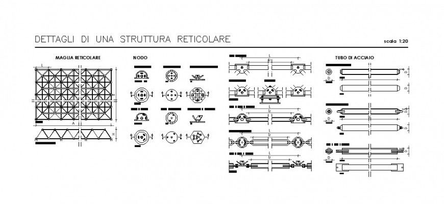 Reticular structure detail plan and elevation drawing in autocad