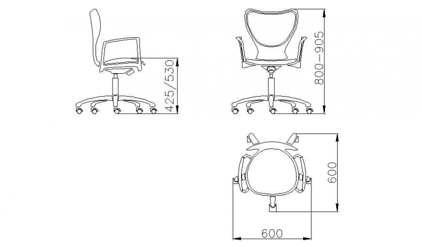 Revolving office chair all sided elevations block cad drawing details dwg file