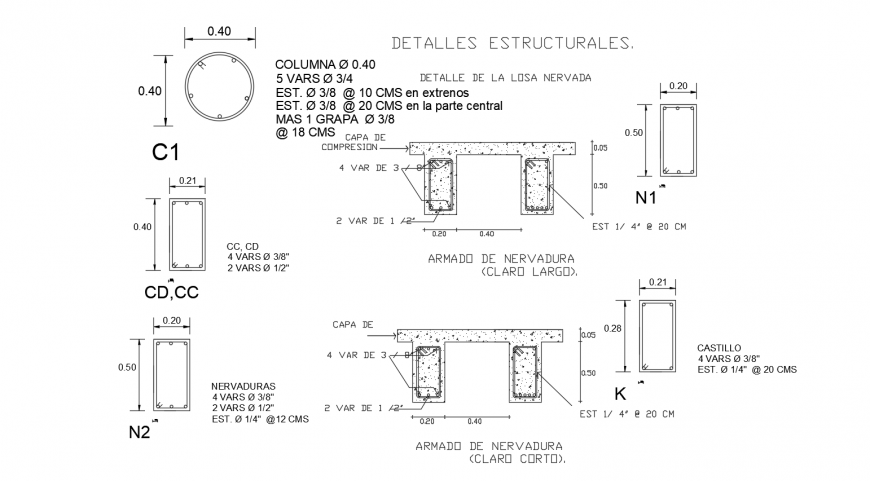 Ribbed reinforce concrete view with column and beam structure design view dwg file 