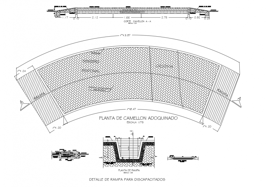 Ridge incline detail plan and section 2d view dwg file