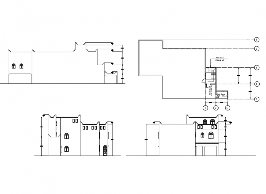 Right, front and rear elevation details of villa with roof layout plan dwg file