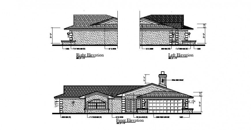 Right and left side and front elevation details if residential house dwg file