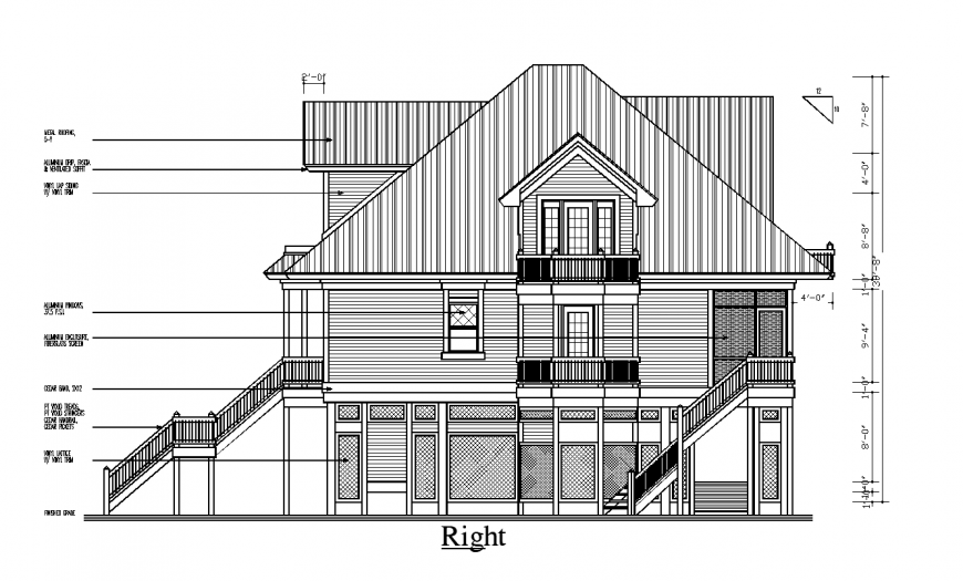 Right side design of bungalows with architectural detail dwg file
