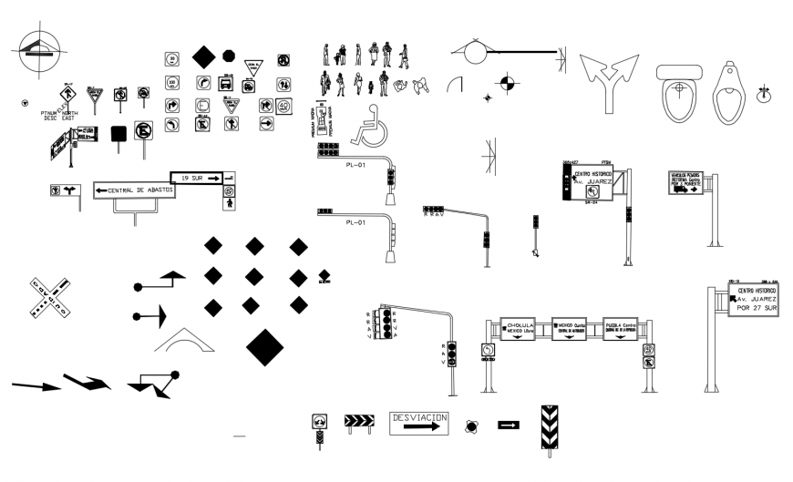 Road CAD sign and symbols detail 2d view layout autocad file