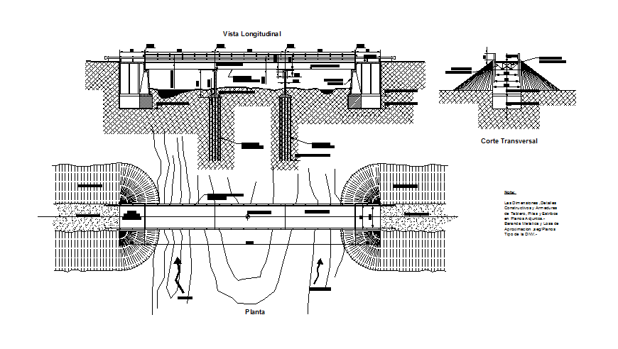 Road concrete bridge section, plan and construction details dwg file