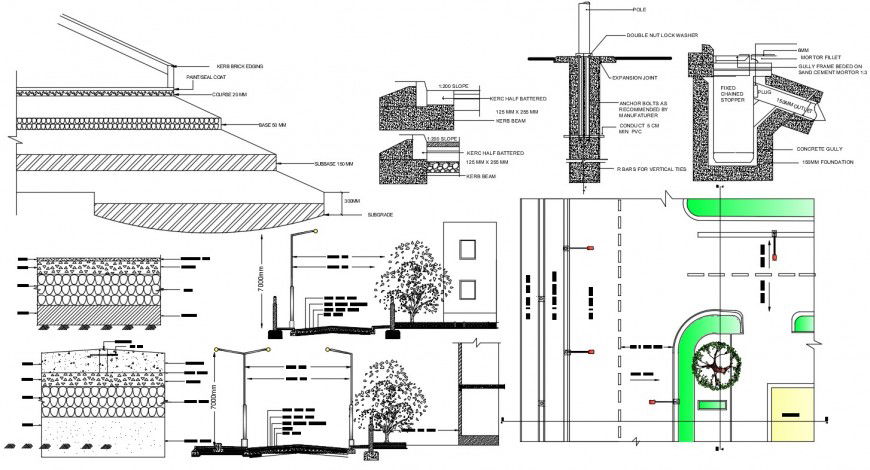 Road sections, plan and construction drawing details in a housing colony dwg file