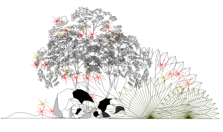 Rockery and plants detail 2d view layout file in autocad format