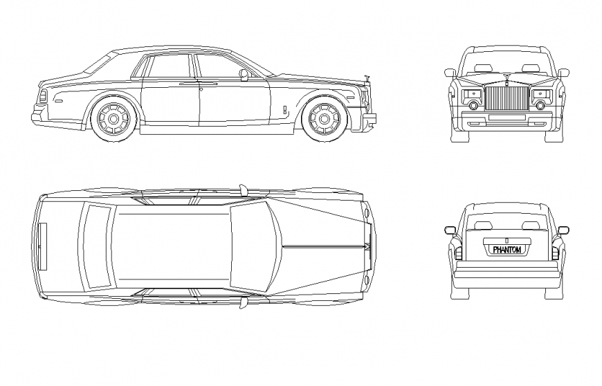 Rolls Royce Phantom 2004 model car detail elevation 2d view layout dwg file