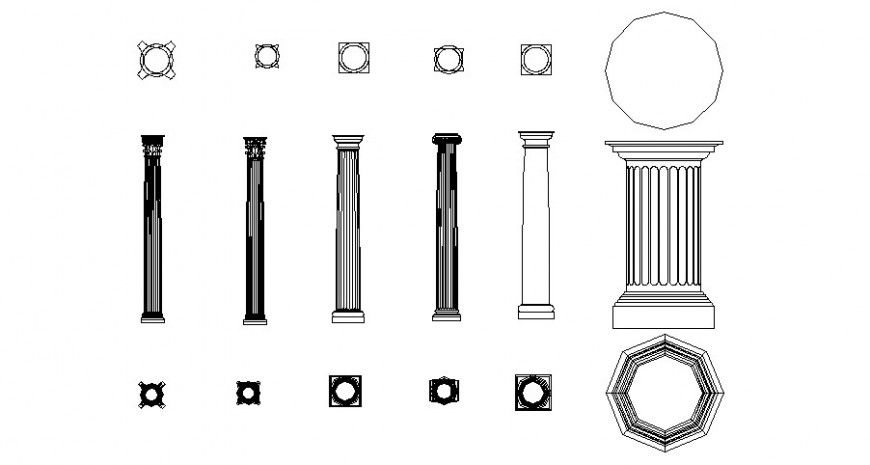 Roman art designer column plan elevation and bottom view in auto cad