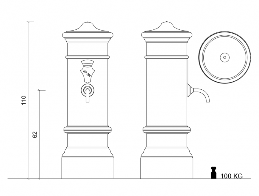 Roman garden fountain front, side and top elevation view cad drawing details dwg file