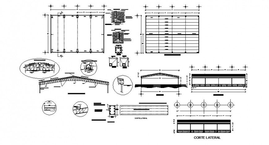 Roof all sided section and constructive structure cad drawing details dwg file