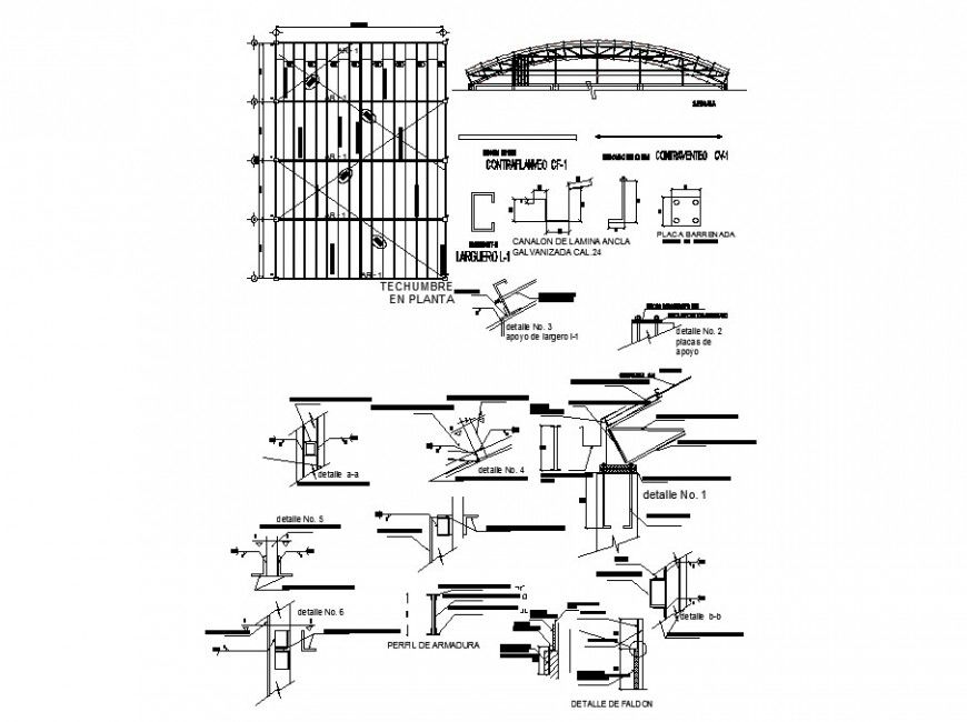 Roof and constructive structure details of sports building center dwg file