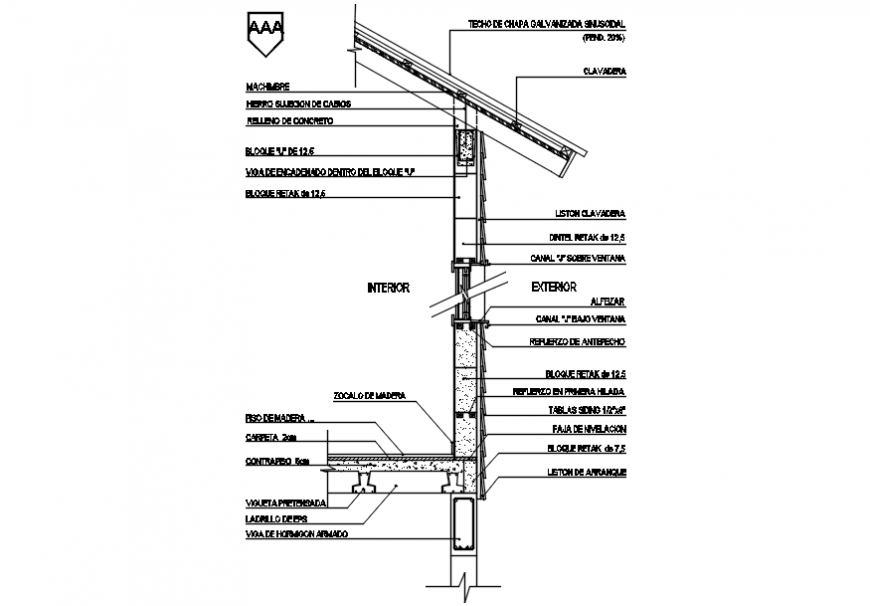 Roof area with concrete lining wall elevation in construction of AutoCAD file