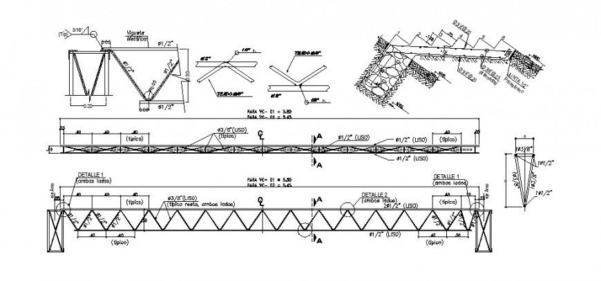 Roof beam section and constructive structure cad drawing details dwg file