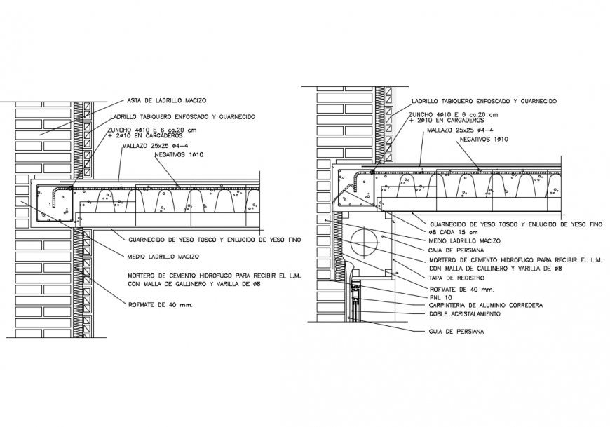 Roof construction details of house with brick details dwg file