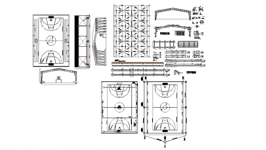 Roof construction of sports ground with landscaping details dwg file