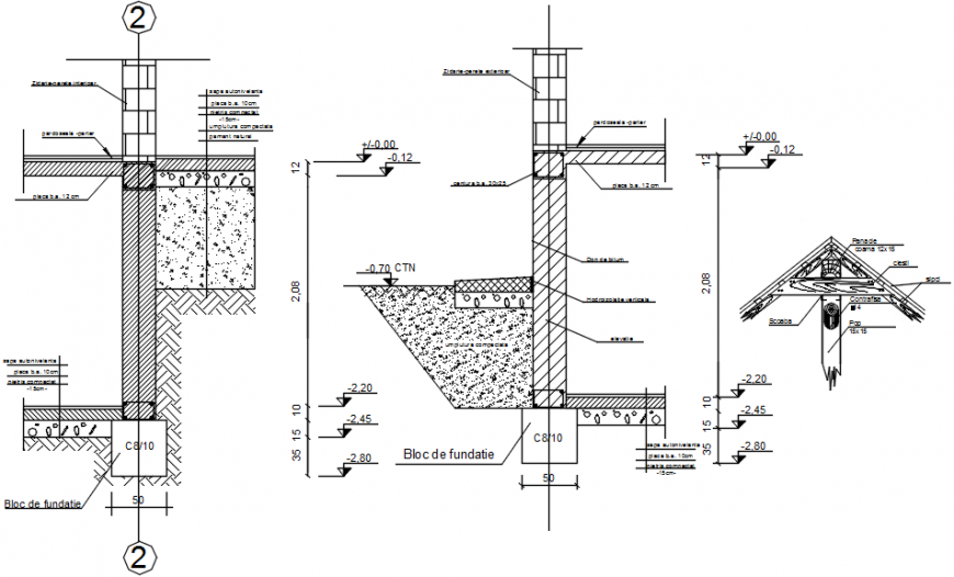 Roof constructive structure and cut wall structure details dwg file
