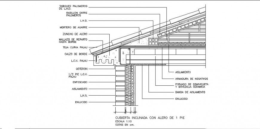 Roof cover of house constructive section and structure details dwg file