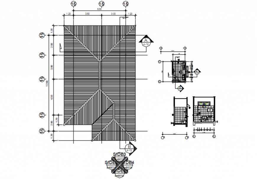 Roof cover plan and sanitary installation cad drawing details dwg file