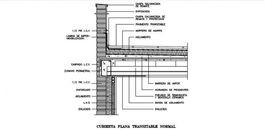 Roof cover transverse section and construction details dwg file