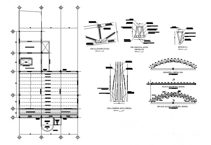 Roof covered section and constructive structure cad drawing details dwg file