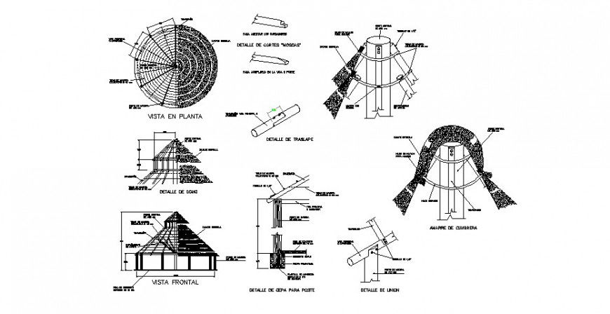 Roof covers straw elevation, section and construction details dwg file