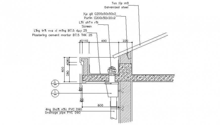Roof cut section and construction drawing details dwg file