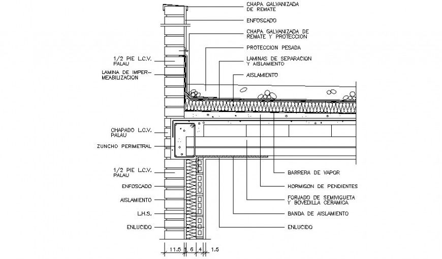 Roof cut section and constructive structure drawing details dwg file