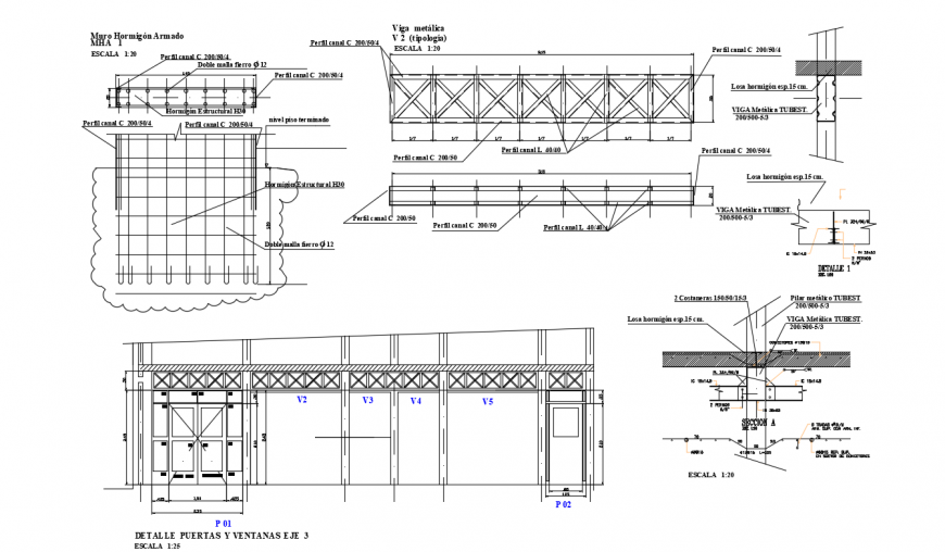 Roof for school section, plan and constructive structure details dwg file