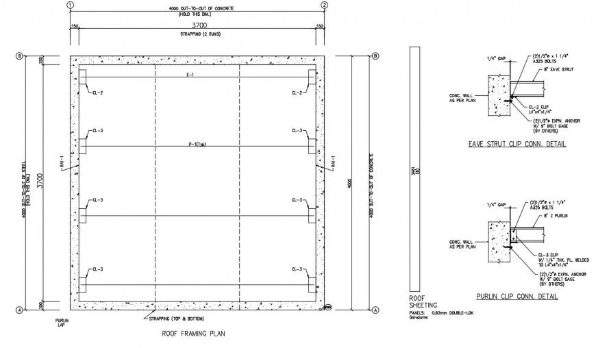 Roof framing plan structure with concrete cad drawing details dwg file