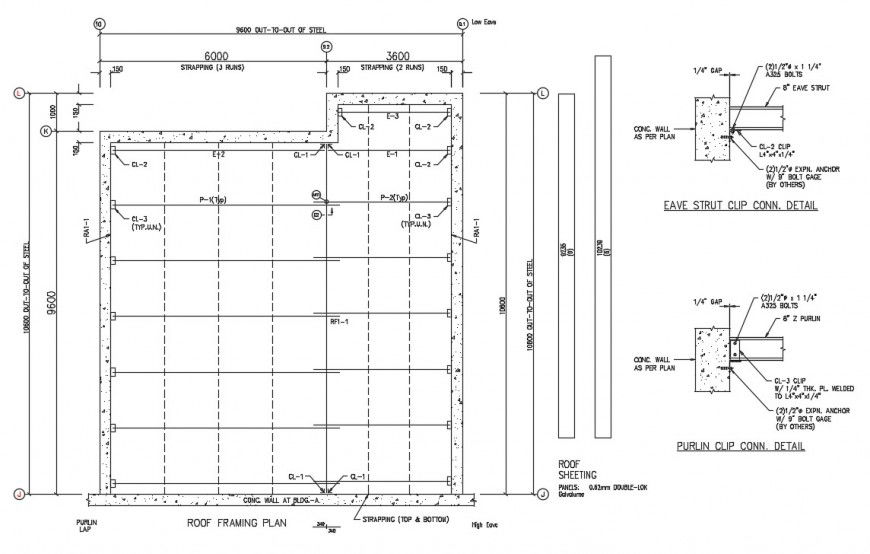 Roof framing plan with purlin concrete details dwg file