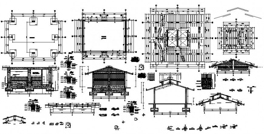 Roof house constructive section, foundation plan and structure drawing details dwg file