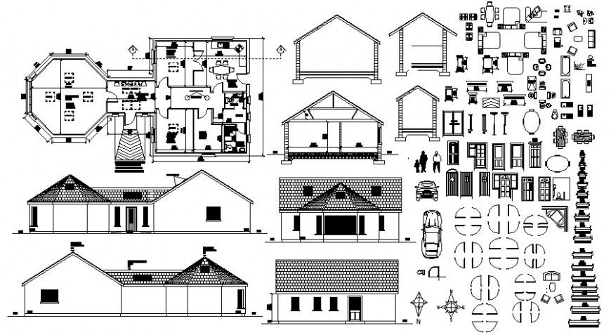 Roof house elevation, section, plan and furniture blocks drawing details dwg file