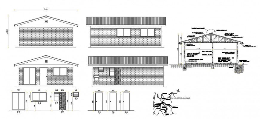 Roof house elevation, section and door details dwg file