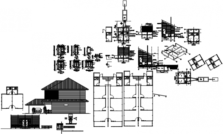 Roof house two level elevation, sanitary installation and structure details dwg file