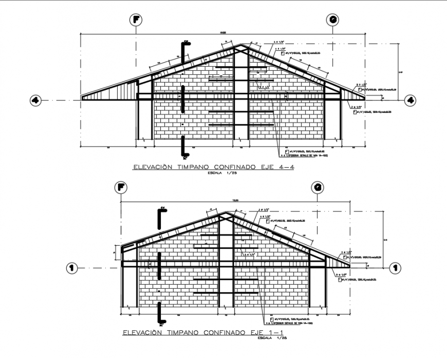 Roof house tympanic facade and back elevation with confined axis details dwg file