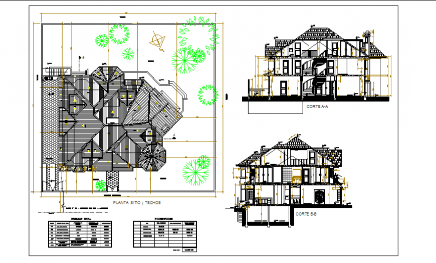 Roof layout & Section of architectural project design drawing of big house design